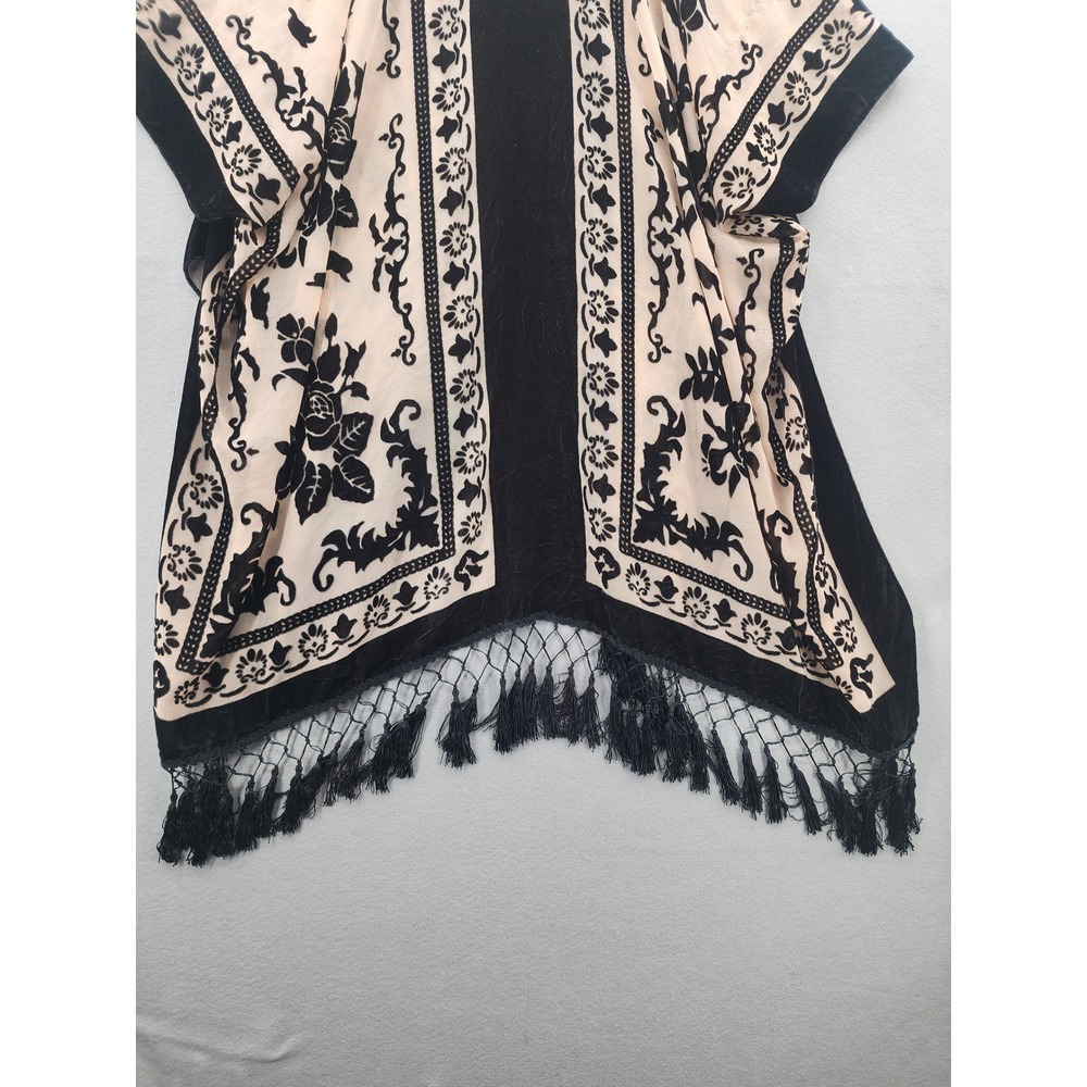 Free People OS Burnout Velvet Kimono Fringe Floral Wrap Black Pink Oversized NWT - Picture 8 of 13